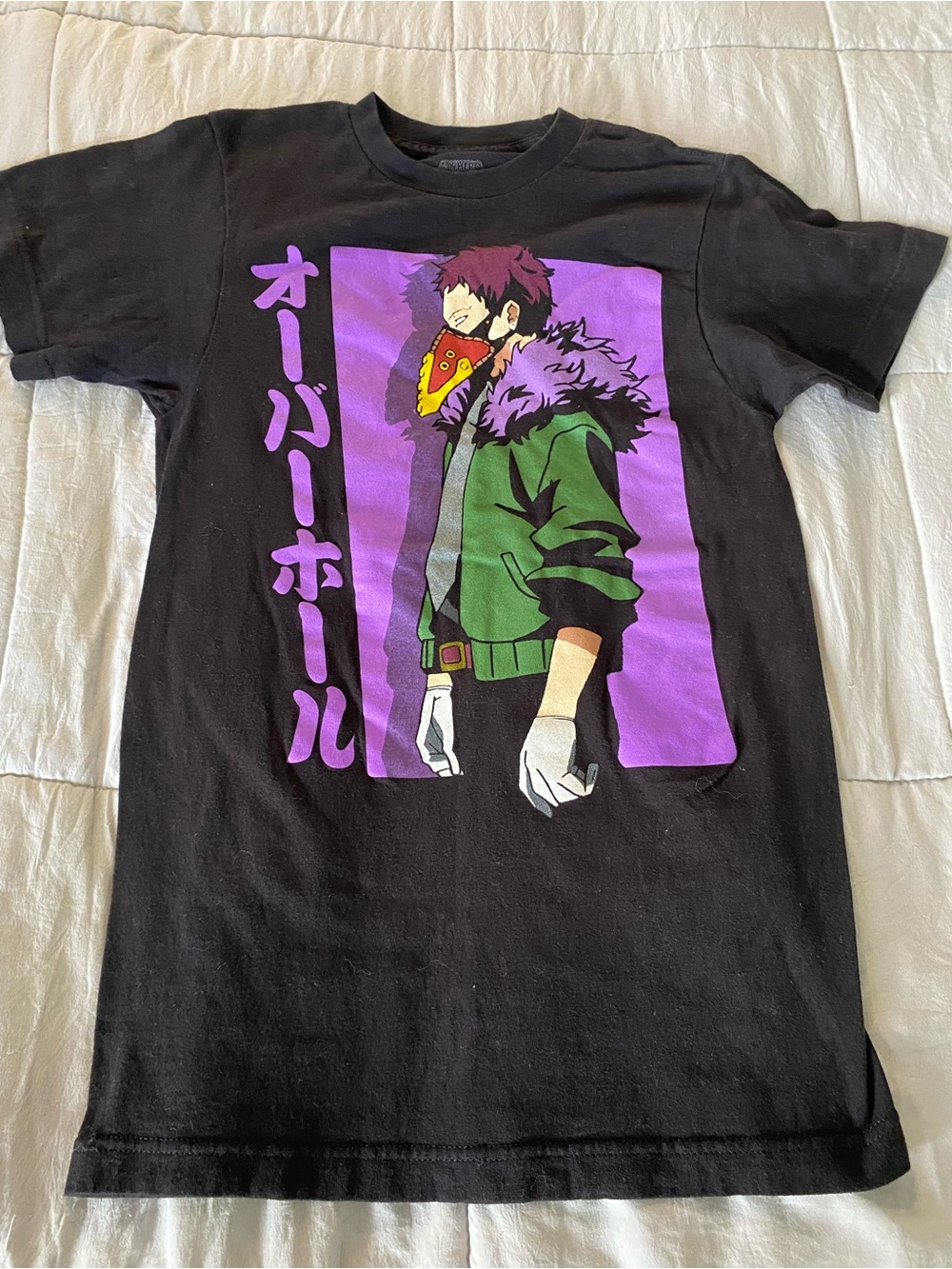 Black Short-Sleeve Graphic Tee with Purple and Green Anime Motif